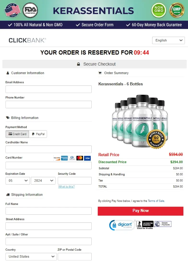 Kerassentials secure checkout page with 6-bottle discount offer